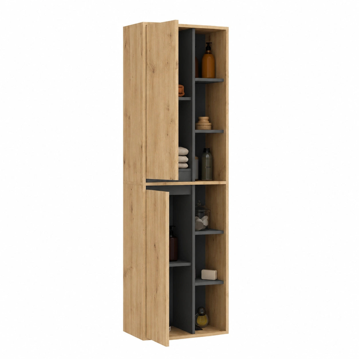 Badschrank – 170 × 50 × 30 cm, hängend, aus Eichenholz und Holz, Artisan-Eiche und Grau, für Badezimmer