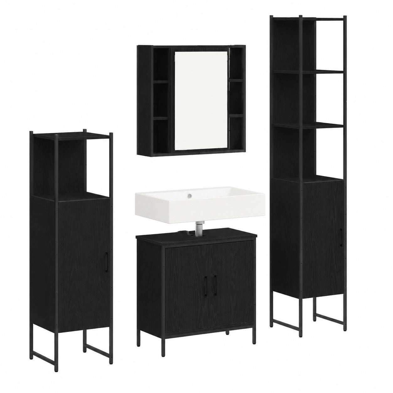 Wohnmöbel – 4-teilig, 33 × 33 × 185.5 cm, moderner Stil, mit Stauraum, aus Holzwerkstoff, Schwarz, für Badezimmer